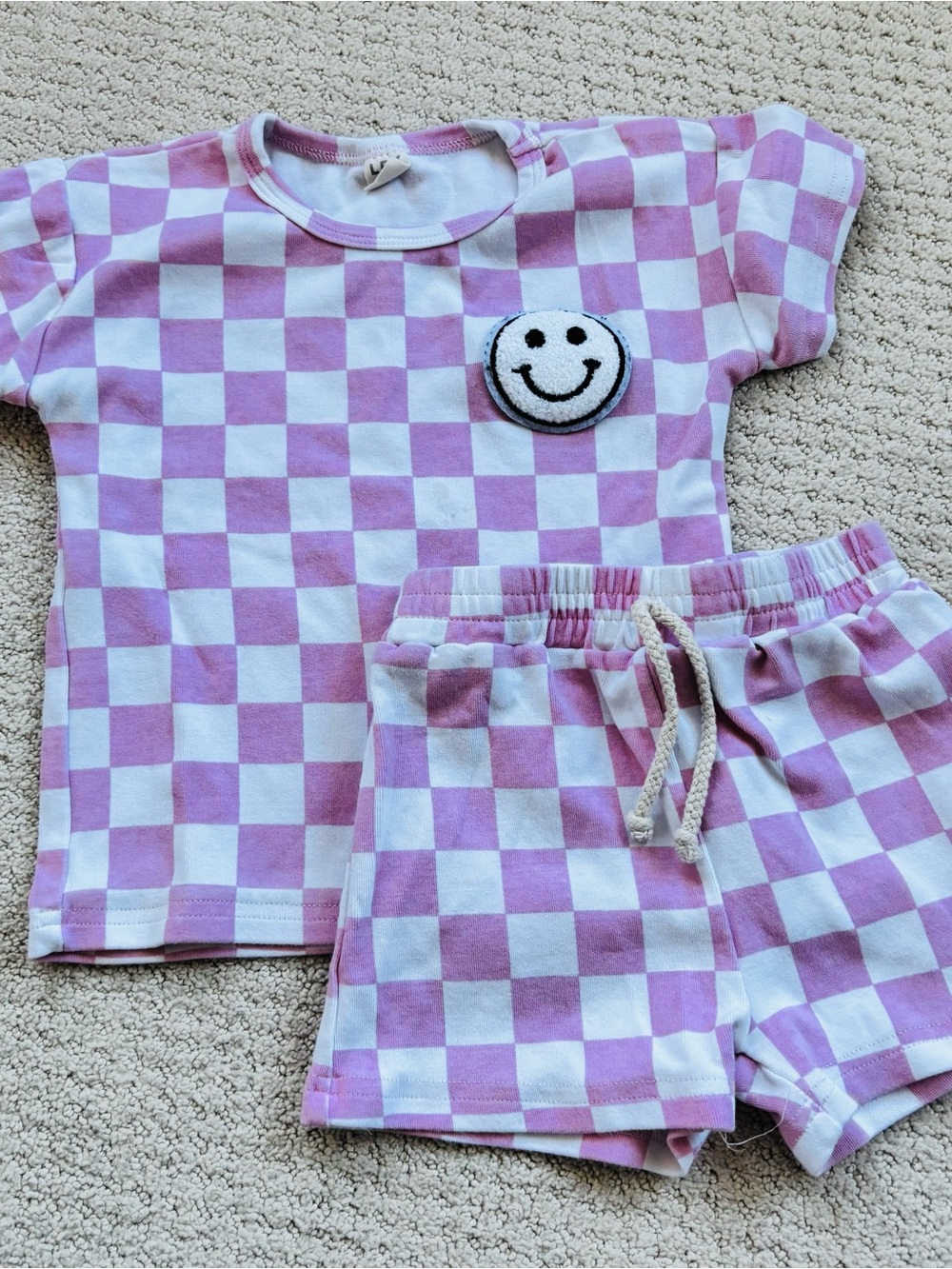 Little Panda Kids Pink Checkerboard Set with Smiley Patch